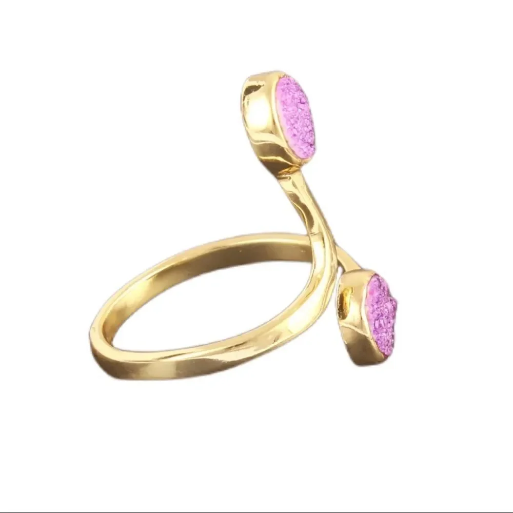 Pink Purple Sugar Druzy Yellow Gold Plated Brass Snake Shape Adjustable Ring